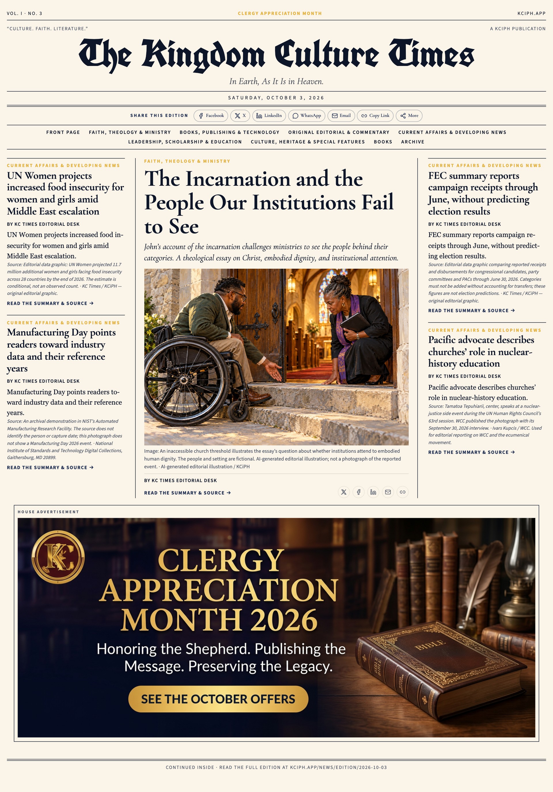 Front page of The Kingdom Culture Times, Saturday, October 3, 2026