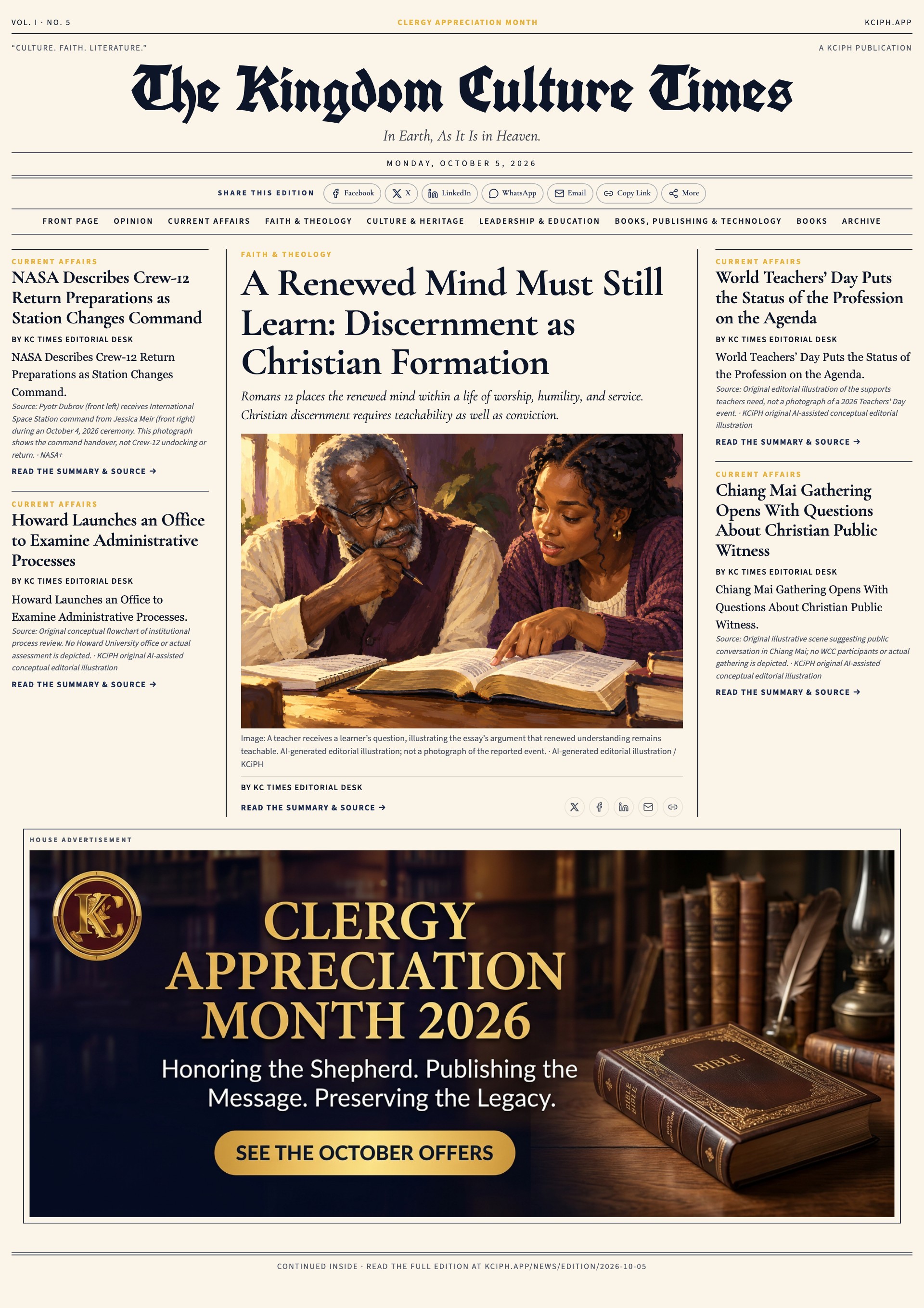 Front page of The Kingdom Culture Times, Monday, October 5, 2026