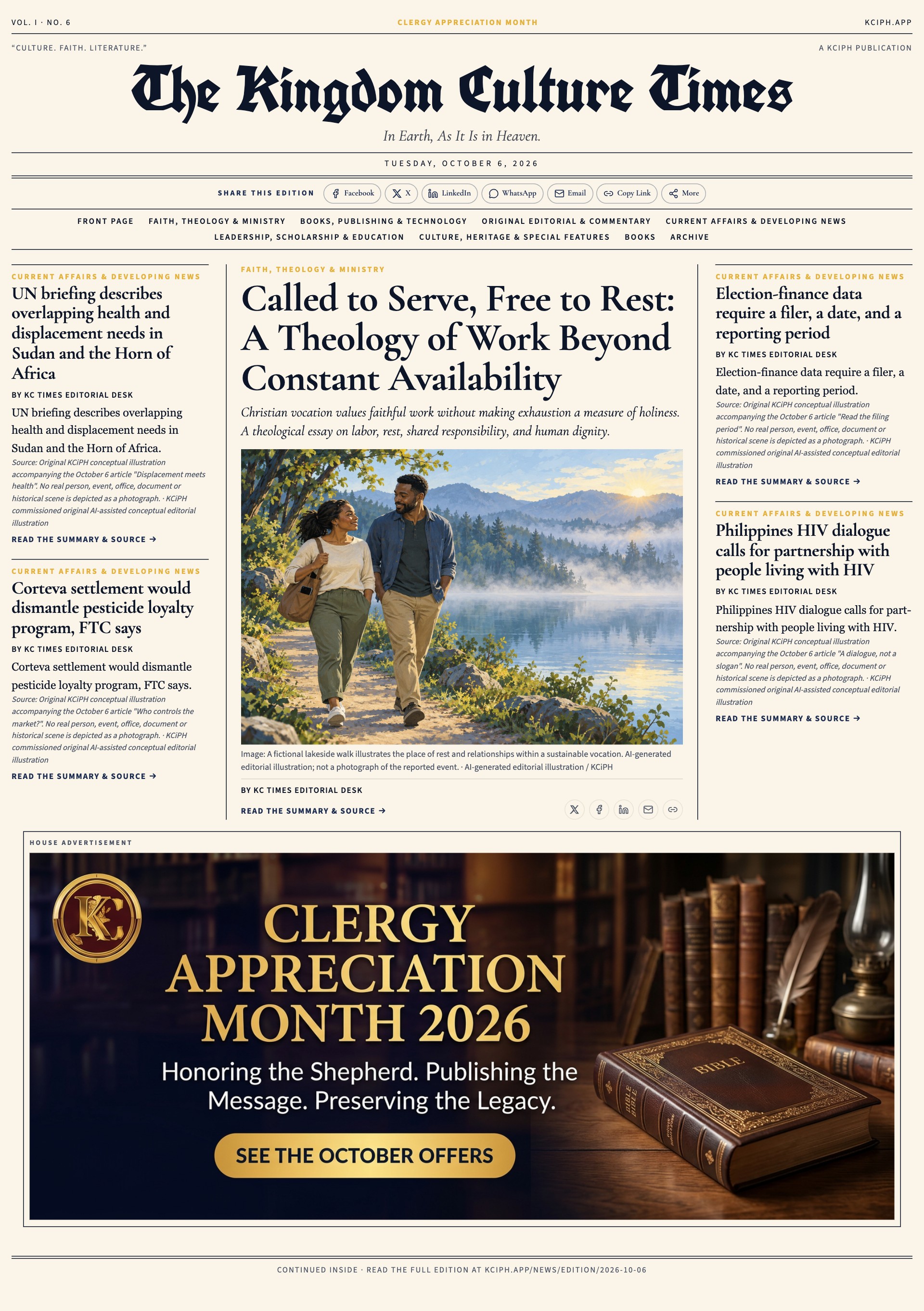 Front page of The Kingdom Culture Times, Tuesday, October 6, 2026