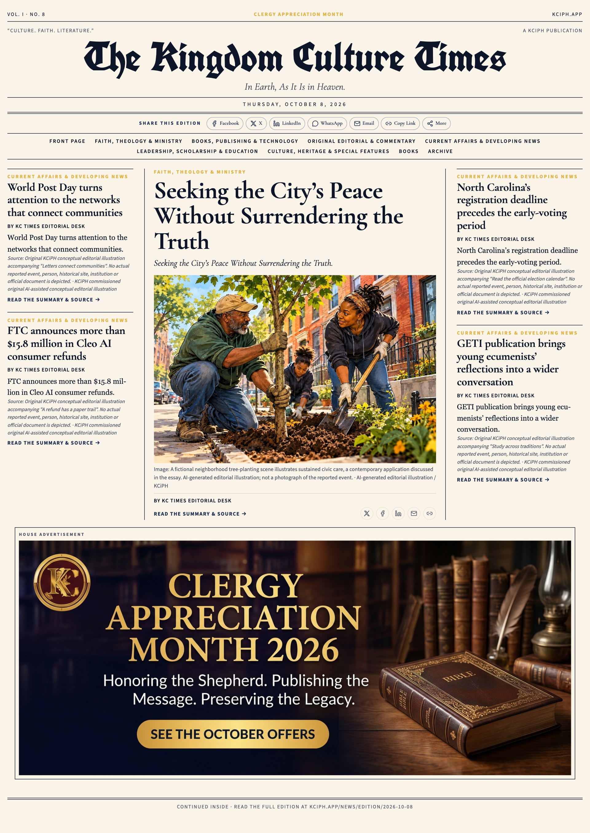 Front page of The Kingdom Culture Times, Thursday, October 8, 2026